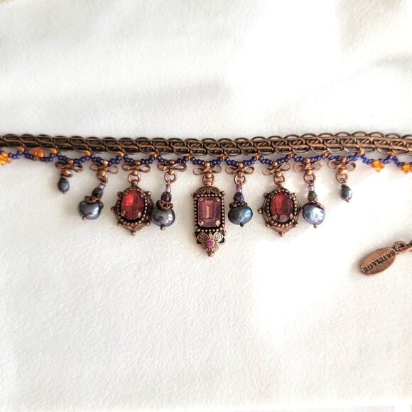 SATELLITE PARIS VINTAGE AMETHYST FACETED GLASS CHARMS/ DETAILED COPPER BRACELET - Picture 2 of 6